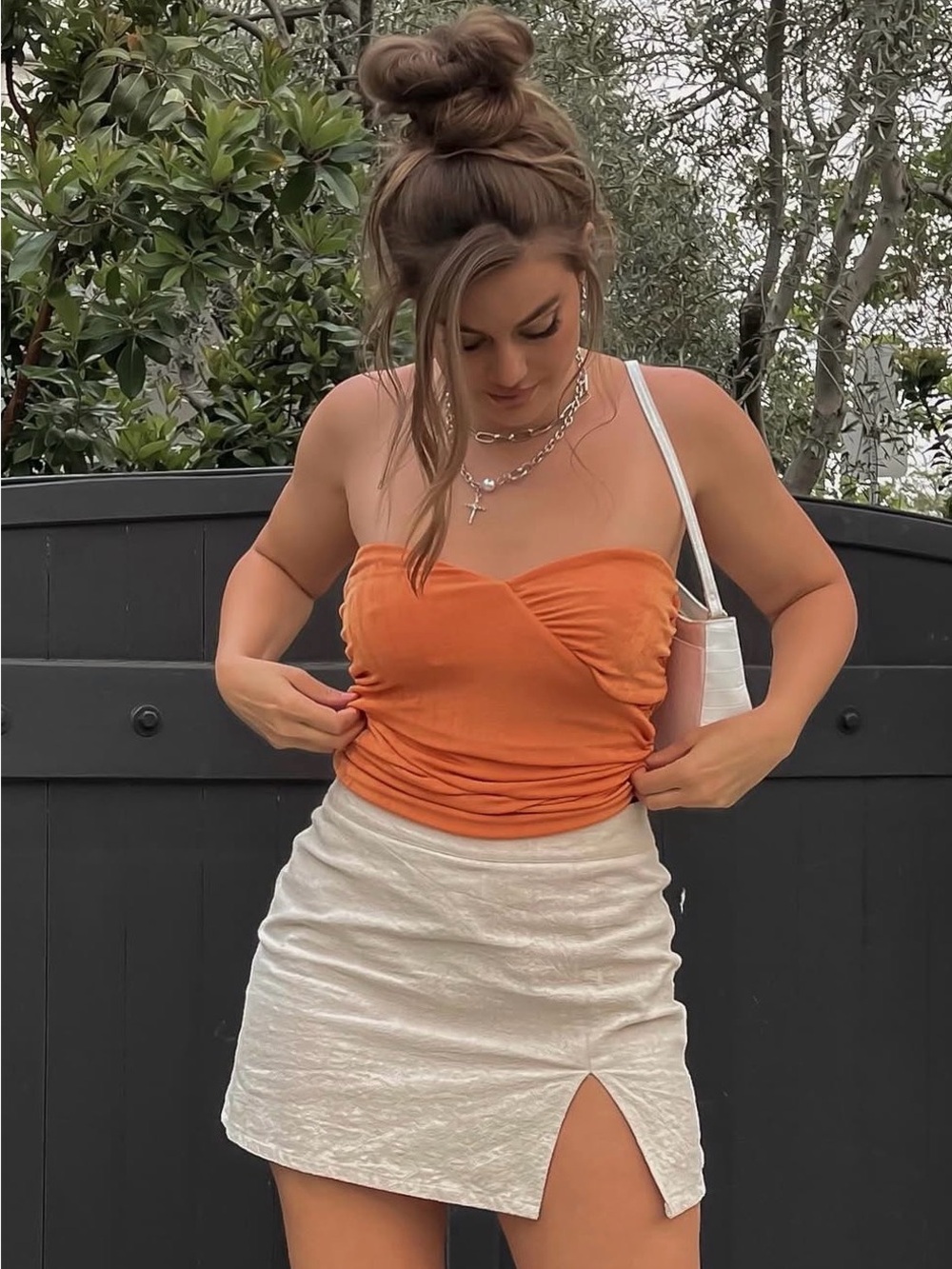 Superdown ruched orange tube top with Sweetheart neck line
